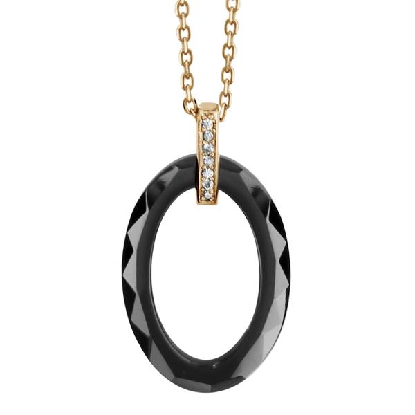 Collier Plaqué Or Pendentif Ovale Céramique Noire et Zirconium Sertis