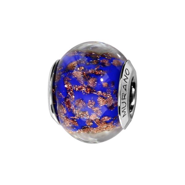 Charms Argent 925 Perle Murano Bleu Pailleté Doré