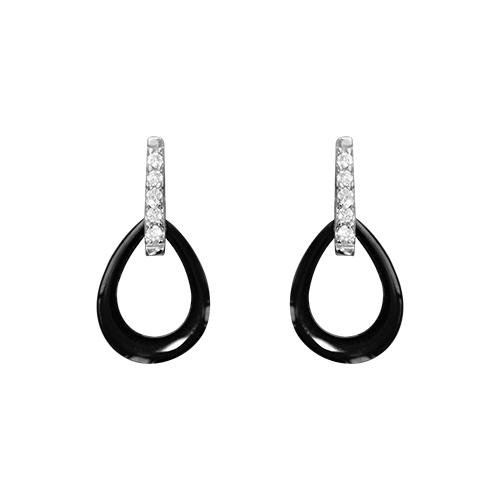 Boucles d'oreilles Argent 925 Pendante Ovale Céramique Noire Barette Zirconium Sertis