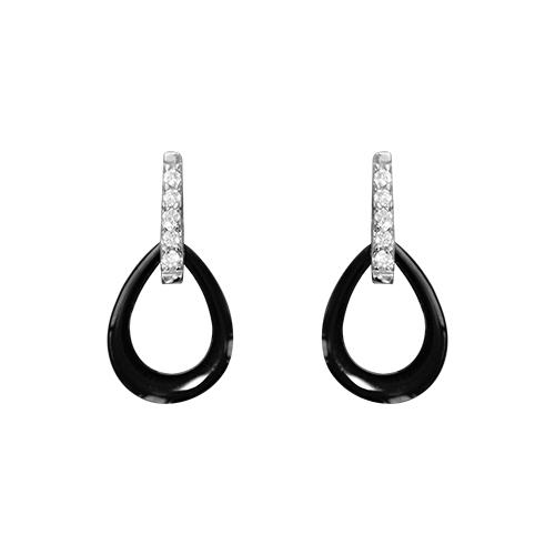 Boucles d'oreilles Argent 925 Pendante Ovale Céramique Noire Barette Zirconium Sertis