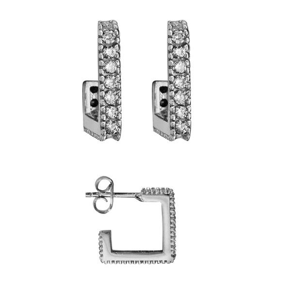 Boucles d'oreilles Argent 925 Demi Créoles Carrée avec Zirconium Sertis