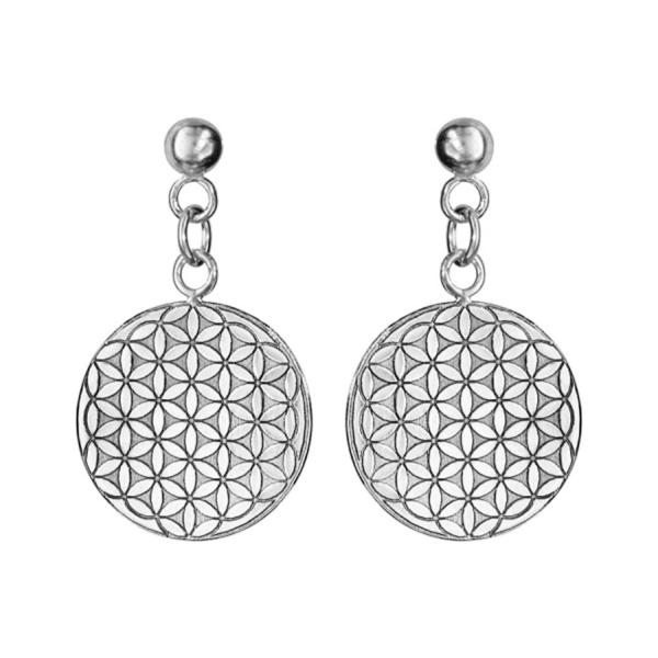 Boucles d'oreilles Argent 925 Plaque Ronde Fleur de Vie