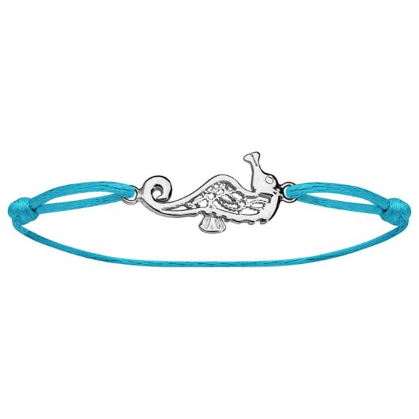 Bracelet Argent 925 Cordon Bleu Ciel Hippocampe