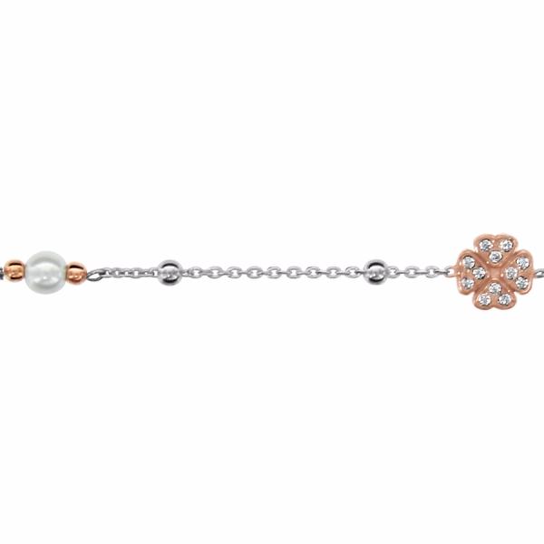 Bracelet Argent 925 Boules 1 Trèfle Dorure Rose Zirconium + Perle d'eau