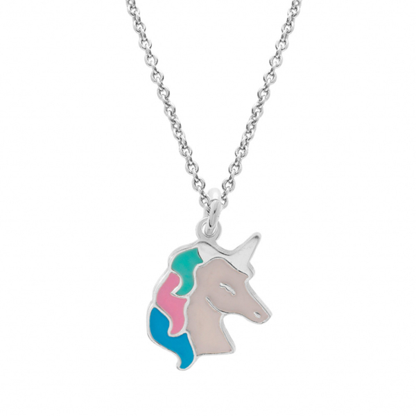 Collier Argent Rhodie Pendentif Licorne Résine Blanche et Pastel