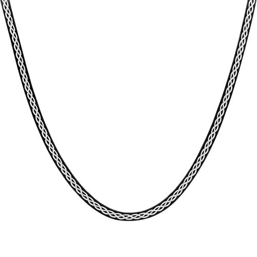 Collier Argent 925 Maille Plate Noir Motif Tresse Blanche