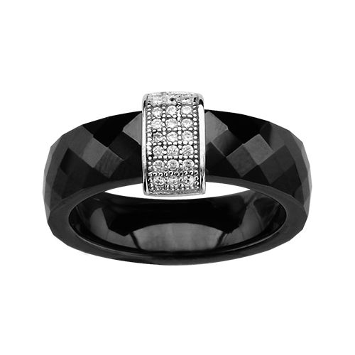 Bague Argent 925 Céramique Faceté Barette Zirconium Micro Sertis Noire