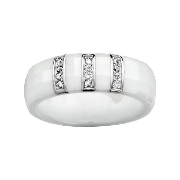 Bague Argent 925 Anneau Céramique Blanc Faceté 3 Barettes Zirconium Sertis