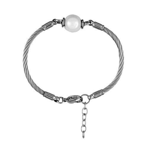 Bracelet Acier 316 L Cable Rigide 1 Boule Céramique Blanche