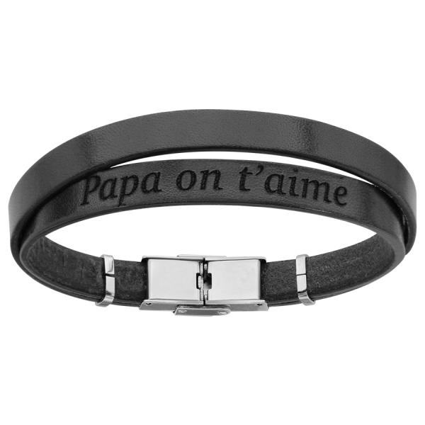 Bracelet Acier 316 L Cuir Noir Message Caché "Papa On t'aime"