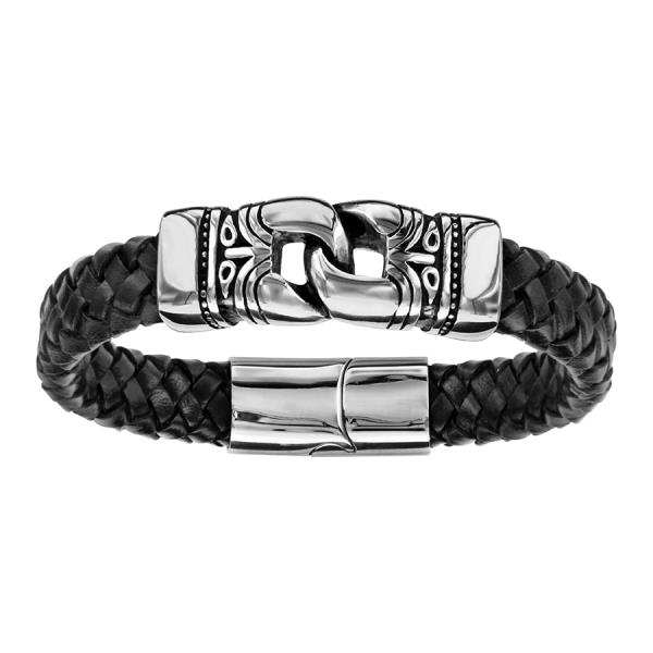 Bracelet Acier 316 L et Cuir Tressé Large Motifs Tribal Entrelacé