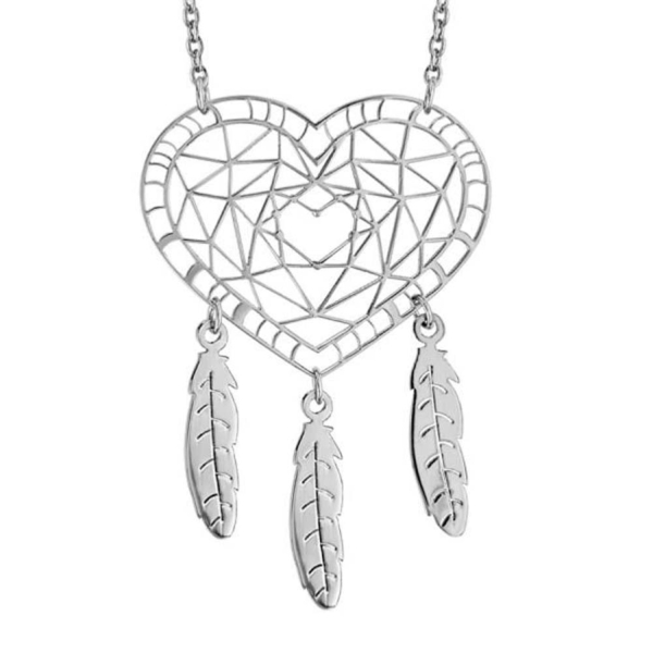 Collier Acier 316 L Attrape Rêve Coeur et 3 Plumes