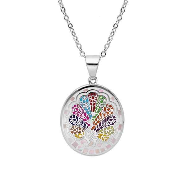 Collier Acier 316 L Pendentif Rond Paon Multicolore avec Nacre