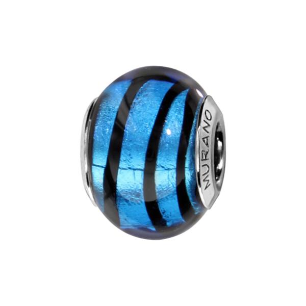 Charms Argent 925 Perle Murano Bleu avec Trait Noir