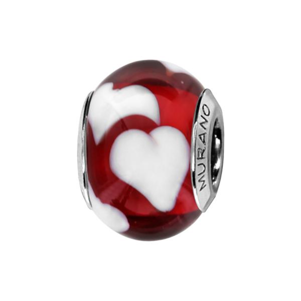 Charms Argent 925 Perle Murano Rouge Coeur Blanc